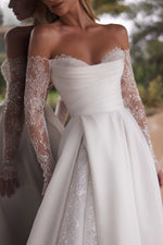 Lace-Sleeve Ball Gown with Overskirt & Slit