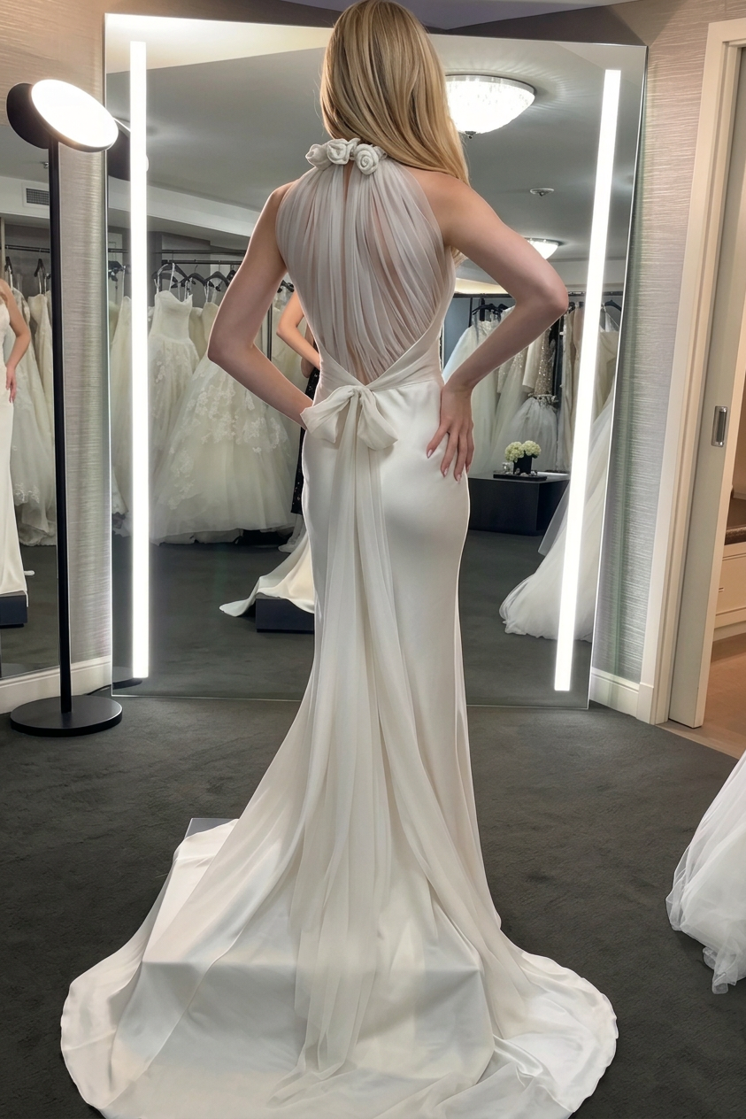 Halter Neck Sheath Wedding Dress with Draped Back