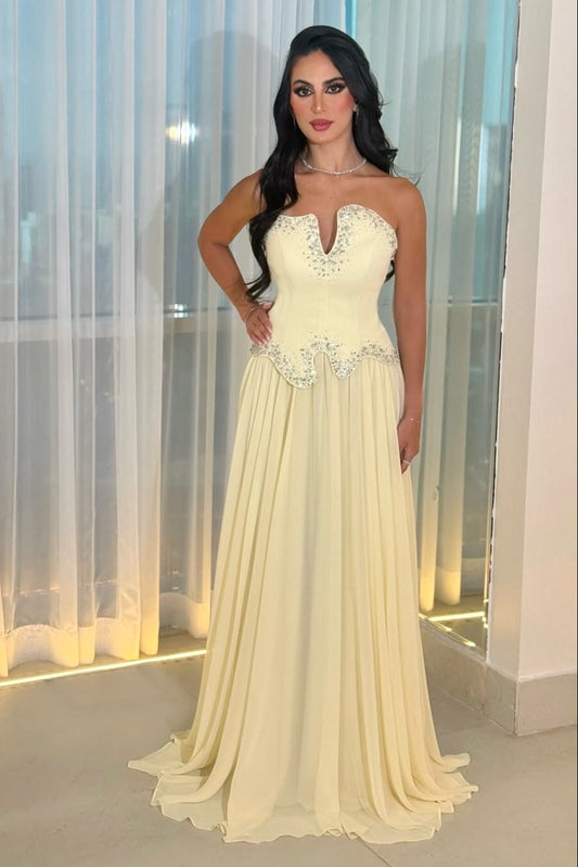 Strapless Beaded Basque Waist Chiffon Evening Gown