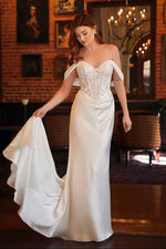 Off-Shoulder Satin Sheath Wedding Gown with Corset Bodice