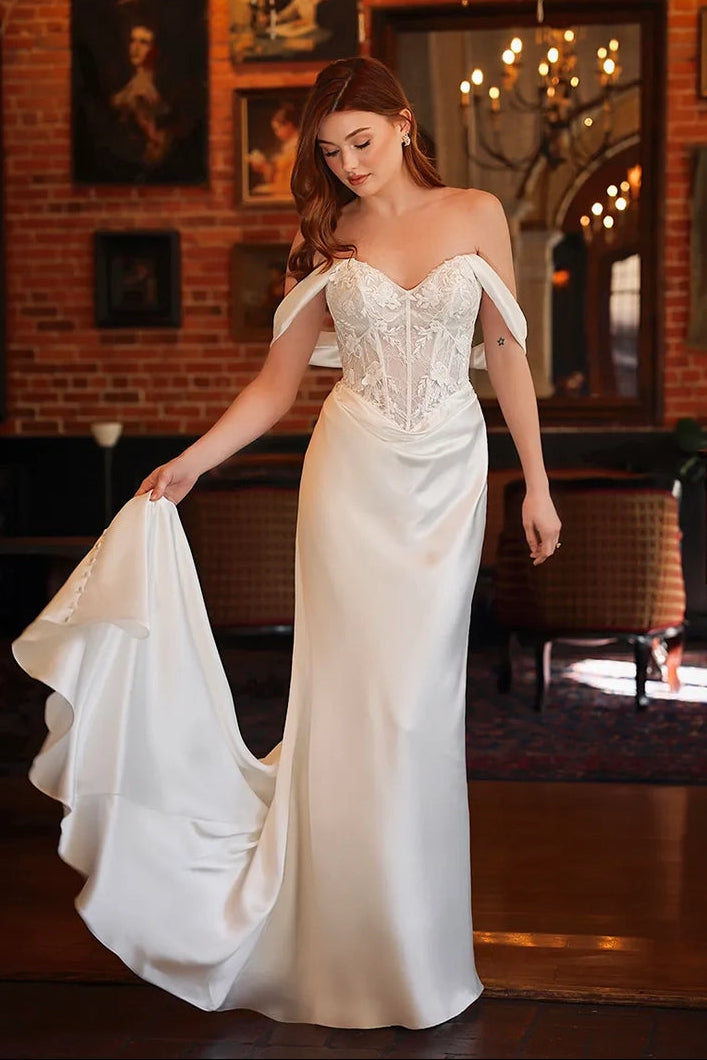 corset sheath wedding dress Off-Shoulder Satin with Lace Bodice PE26(PRE) water - Black dresses Color:Muted Satin Whisper Blue