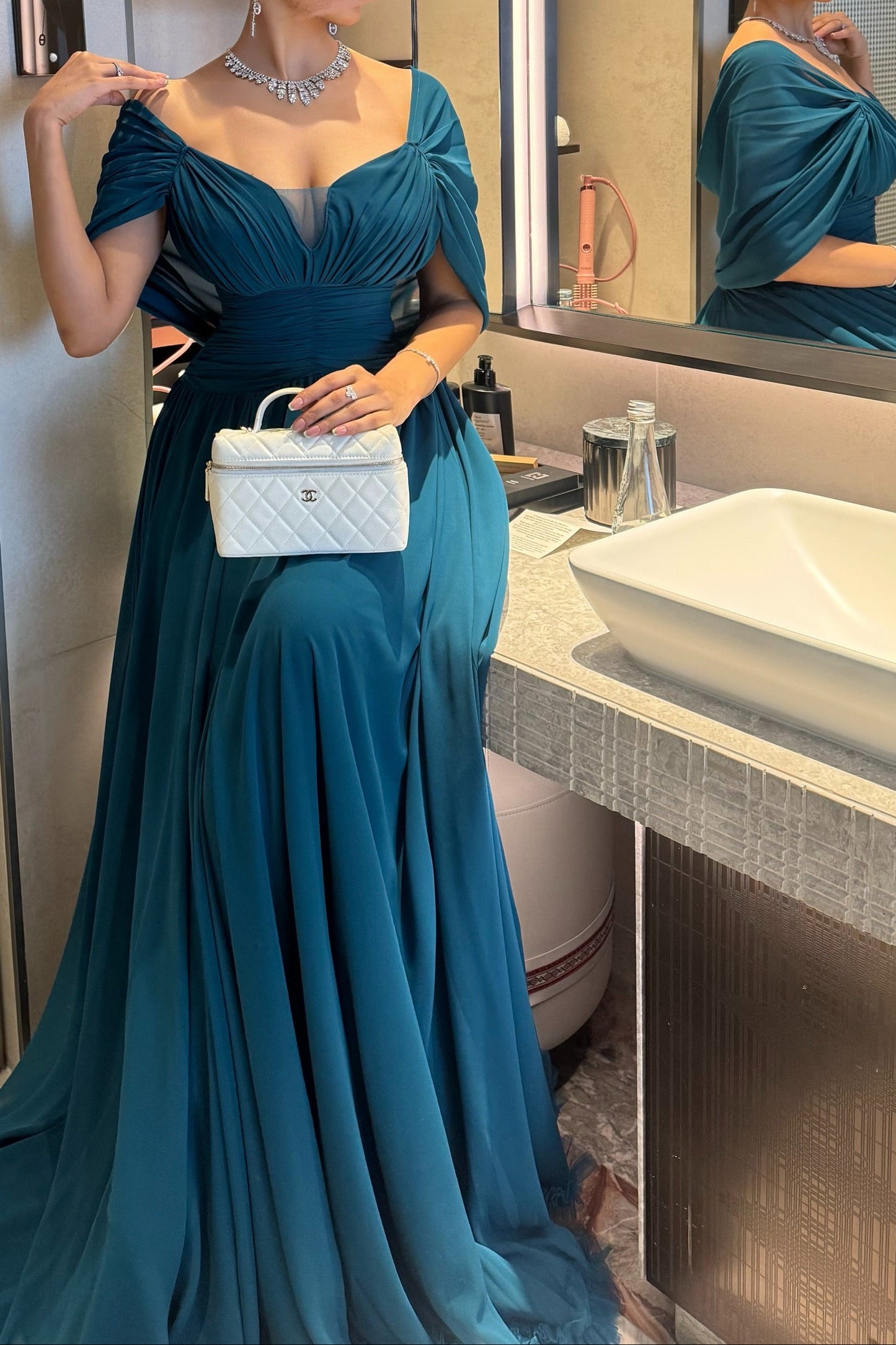 Off-the-Shoulder Pleated Chiffon Evening Gown