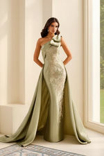 One-Shoulder Floral Appliqué Evening Gown