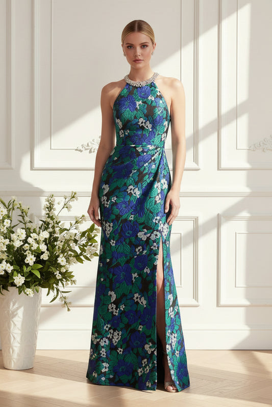 Floral Jacquard Halter Gown with Beaded Collar