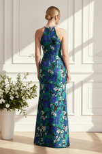 Floral Jacquard Halter Gown with Beaded Collar