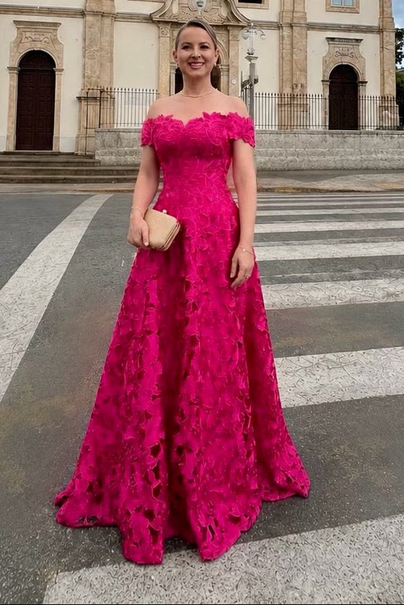 Scalloped Off-The-Shoulder Floral Lace Gown