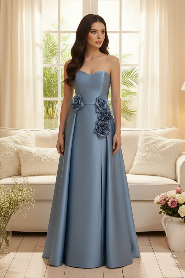 Strapless Satin A-Line Gown with 3D Floral Detail