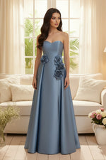 Strapless Satin A-Line Gown with 3D Floral Detail