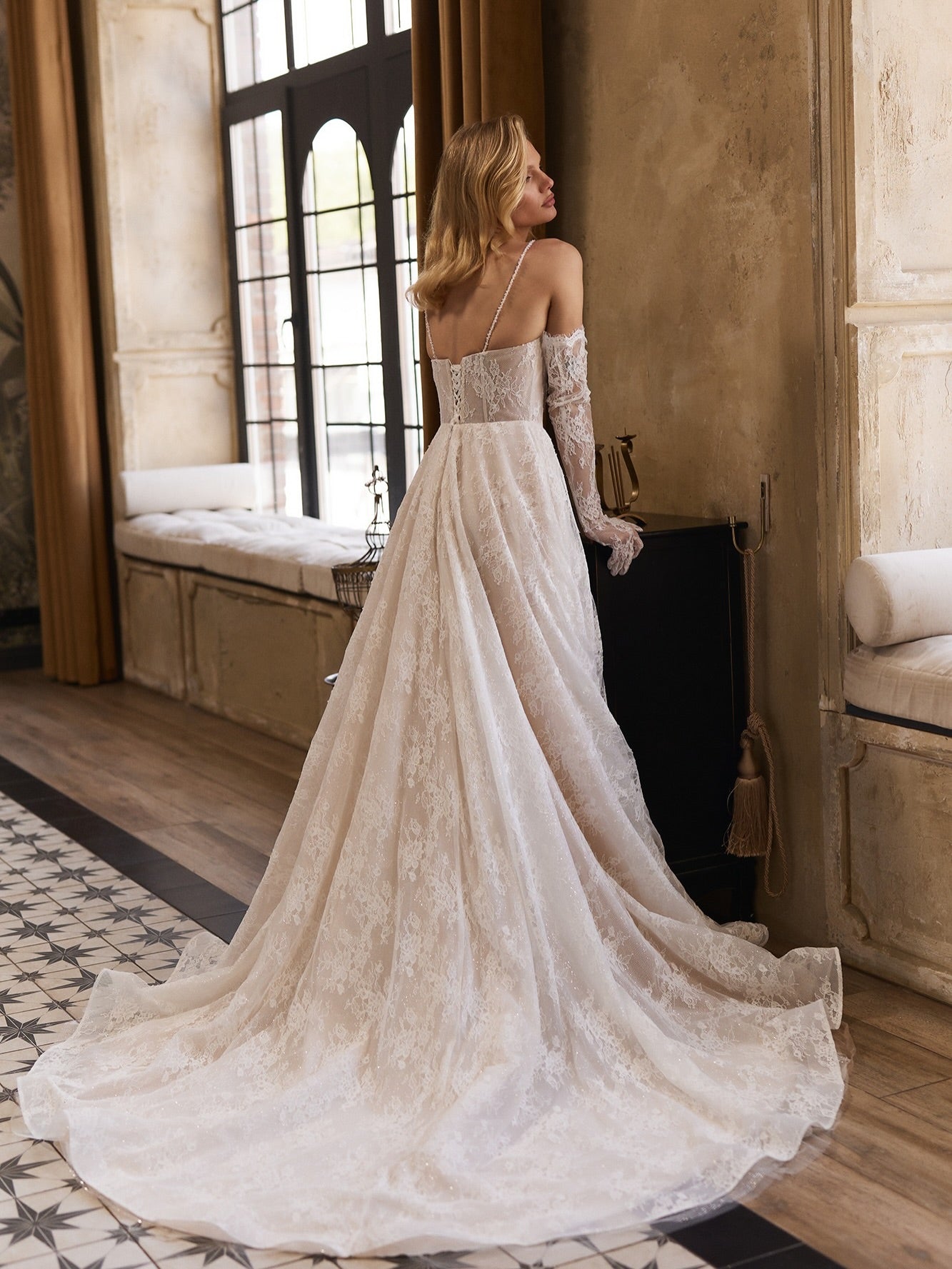 Corset Lace A-Line Wedding Dress with Pearl Draping