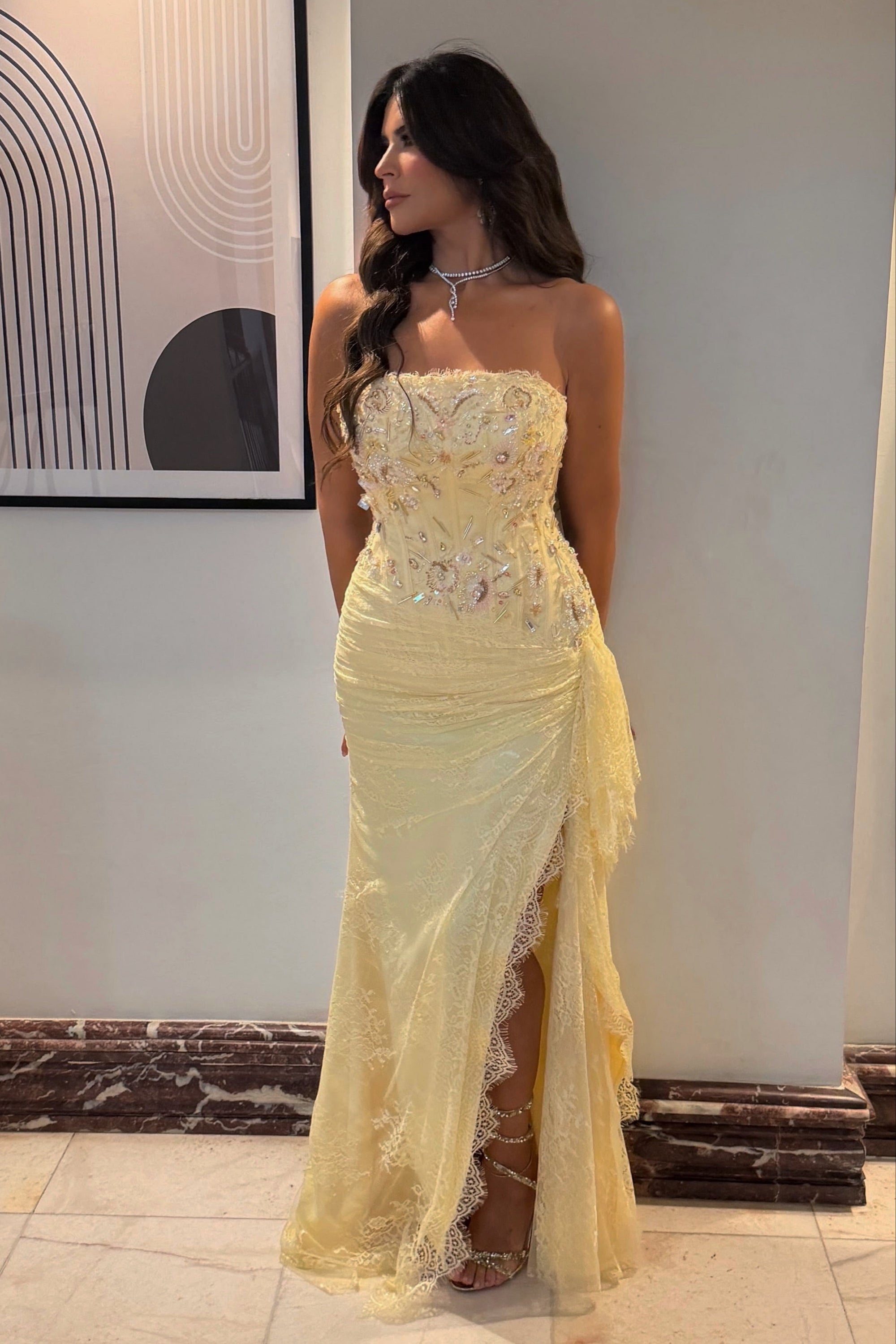 Strapless Beaded Lace Corset Gown with Slit