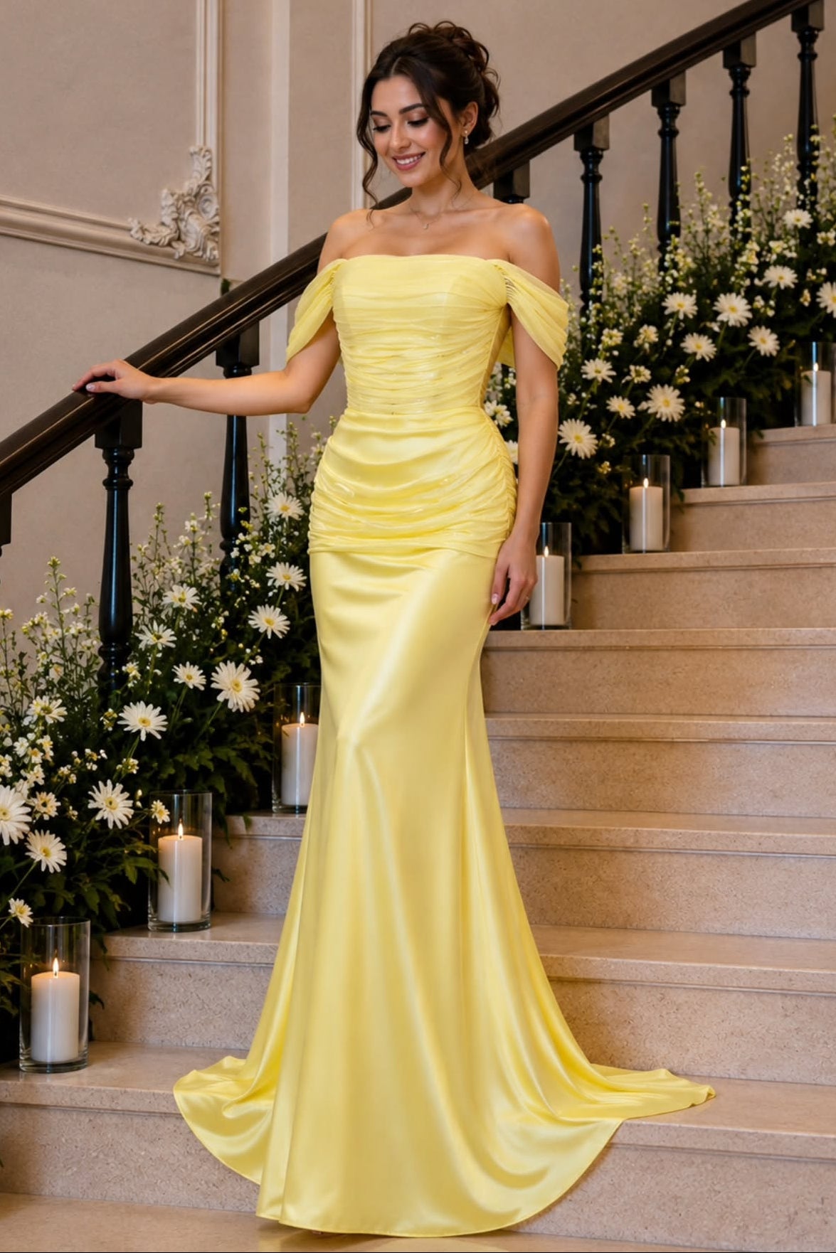 Ruched Off-The-Shoulder Satin Mermaid Dress