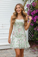 Strapless Floral Embroidered Mini Dress with Sequin Detail