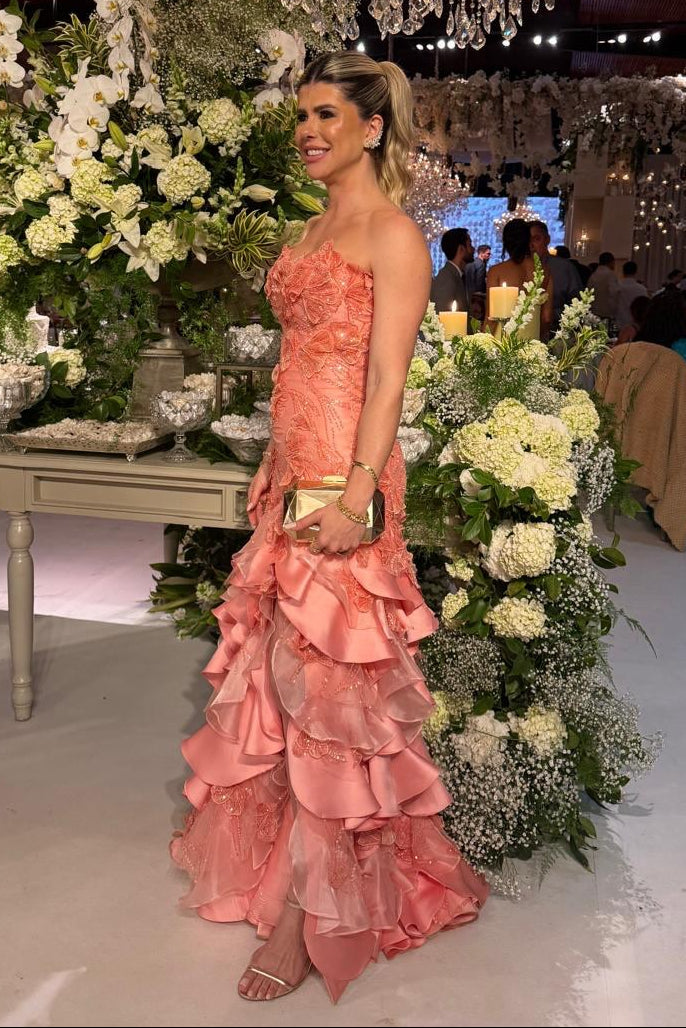 Strapless 3D Floral Tiered Ruffle Evening Gown