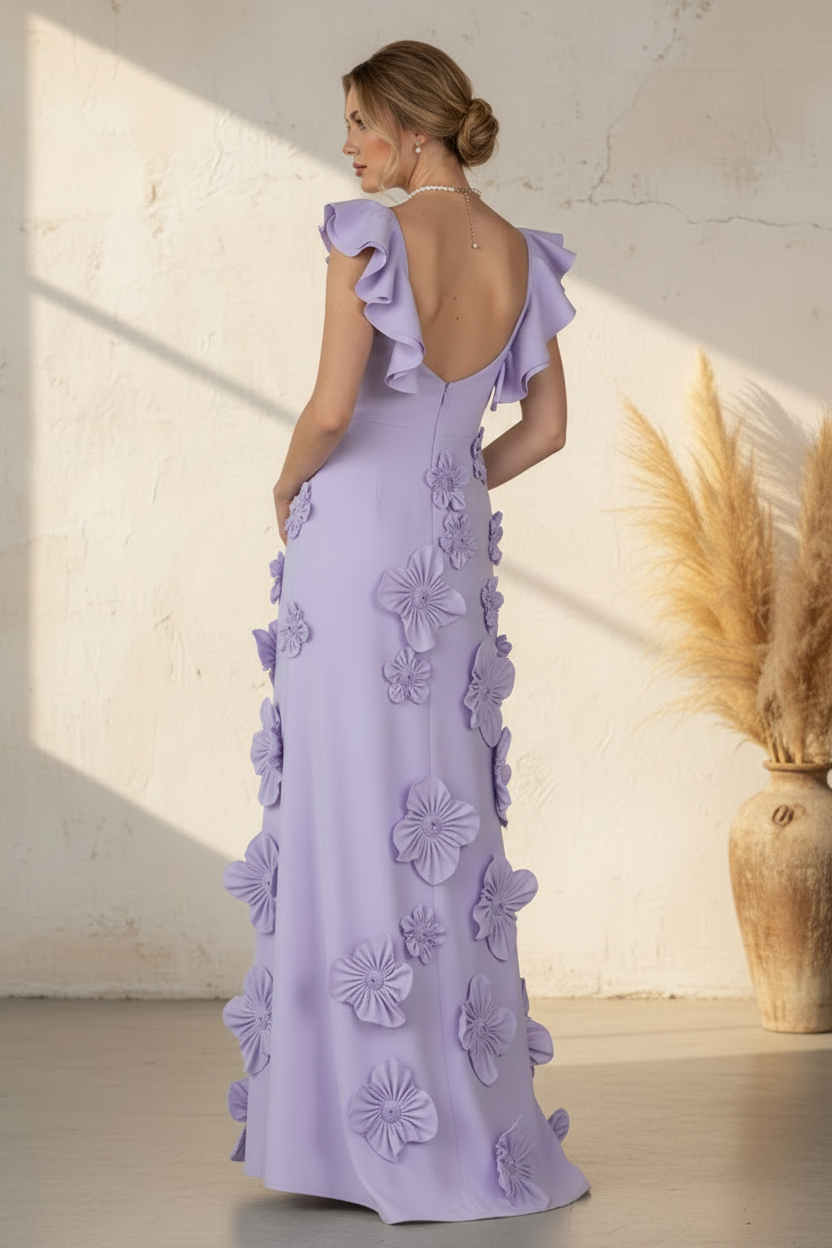 Lavender 3D Floral Sweetheart Ruffle Strap Evening Gown