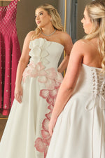 Strapless Floral Applique Ball Gown with Pockets