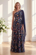 One-Shoulder Floral Embroidered Gown with Cape