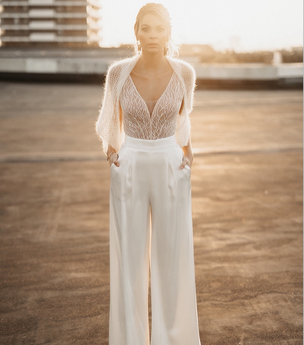 Beaded V-Neck Satin Jumpsuit with Pockets