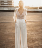 Beaded V-Neck Satin Jumpsuit with Pockets
