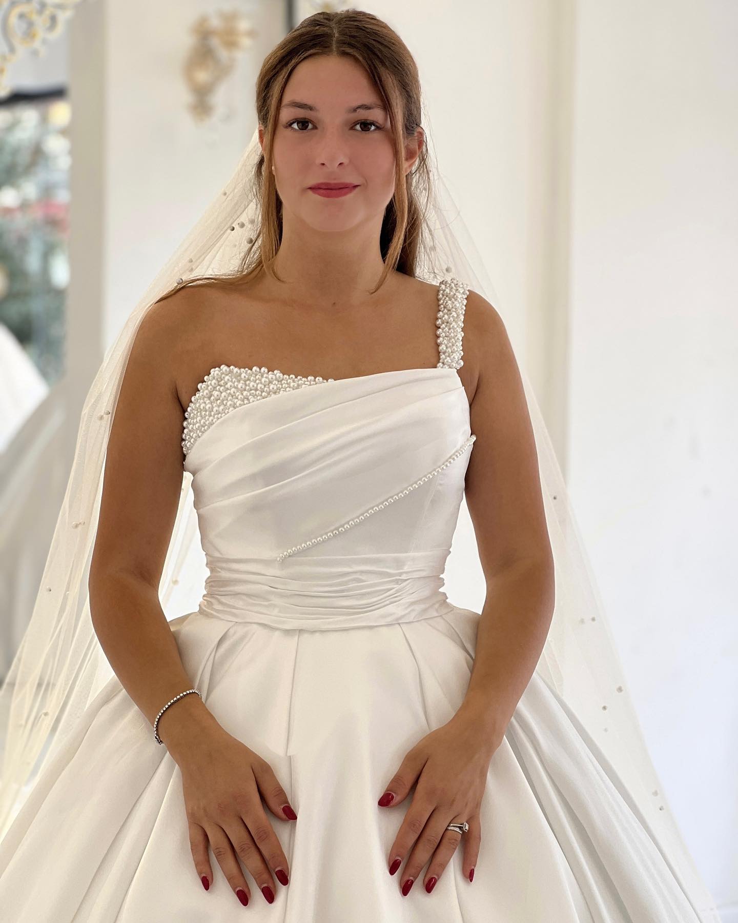 One-Shoulder Pearl Beaded Satin Ball Gown