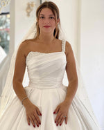 One-Shoulder Pearl Beaded Satin Ball Gown