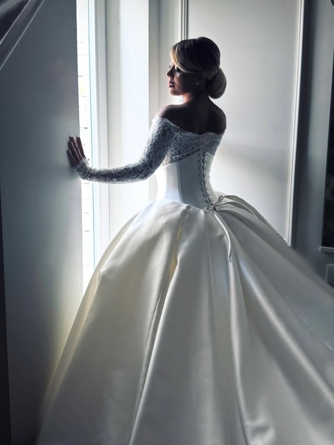 Off-the-Shoulder Lace Wedding Dress with Satin Overskirt