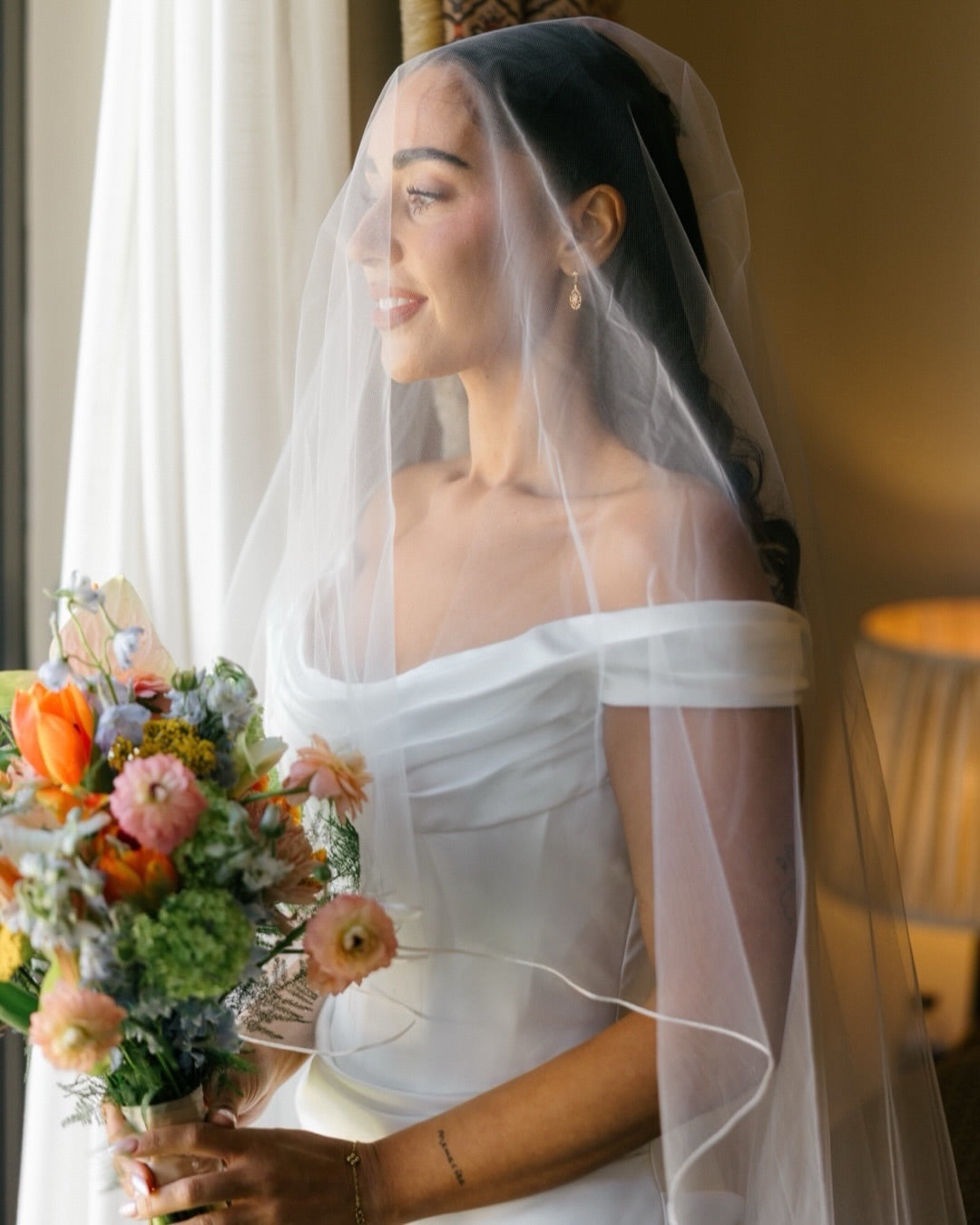 Off-the-Shoulder Cowl Neck Satin Wedding Dress