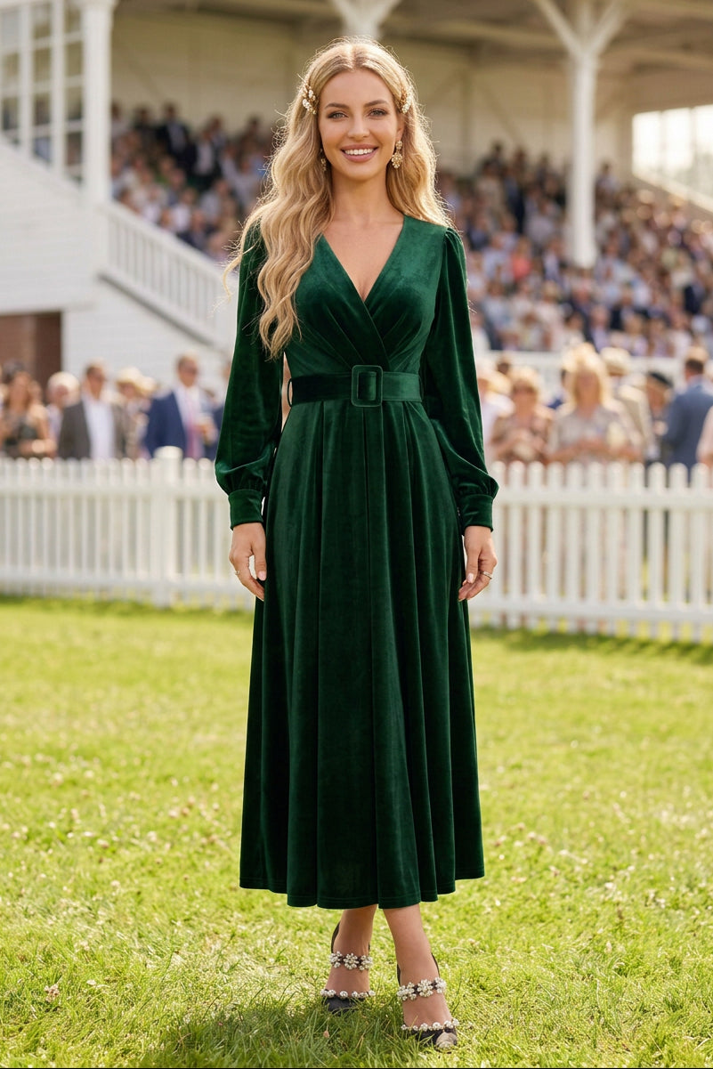 Velvet V-Neck Long Sleeve Belted Midi Dress