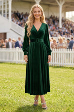 Velvet V-Neck Long Sleeve Belted Midi Dress