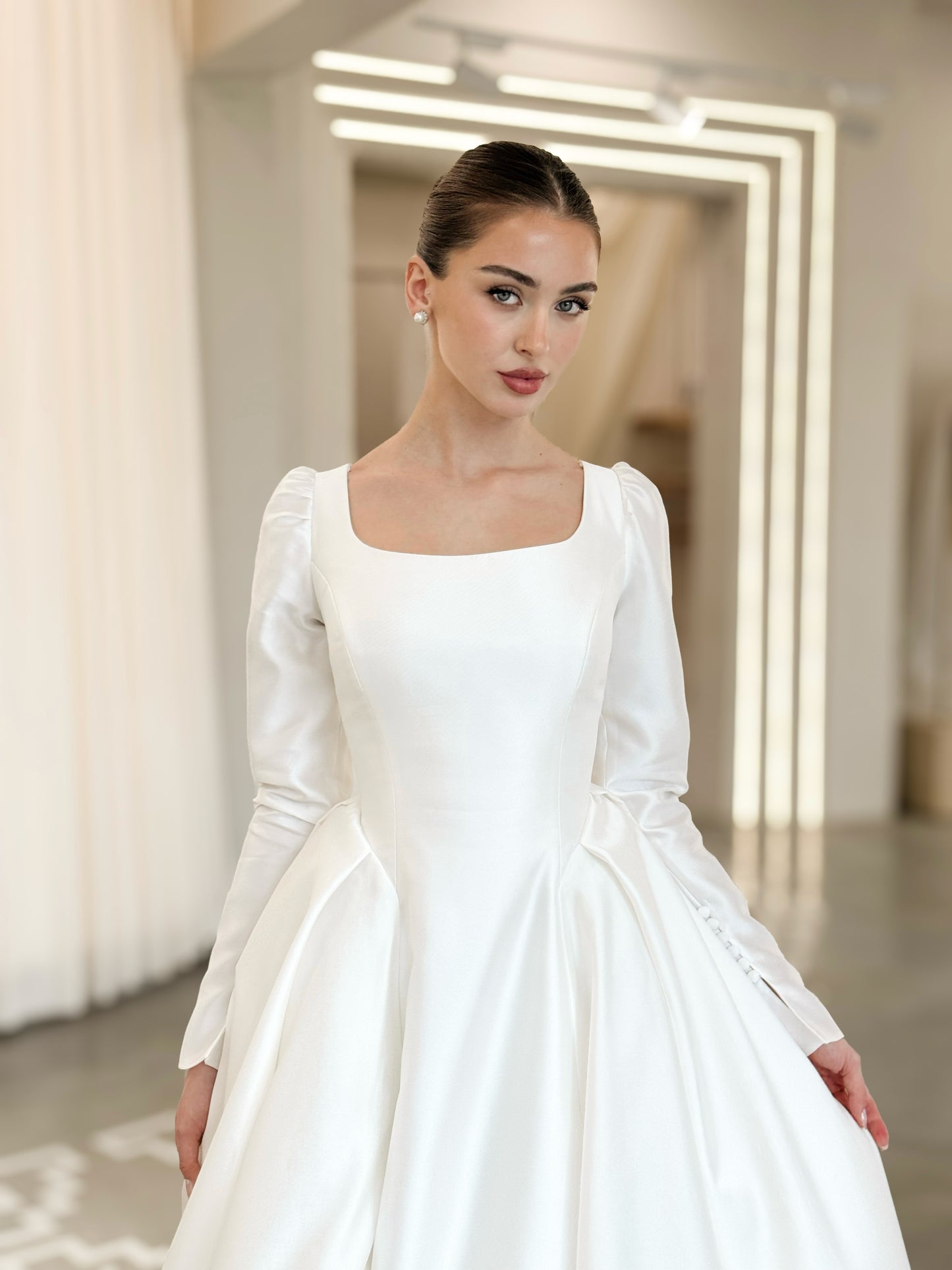 Square Neck Satin Ball Gown Wedding Dress