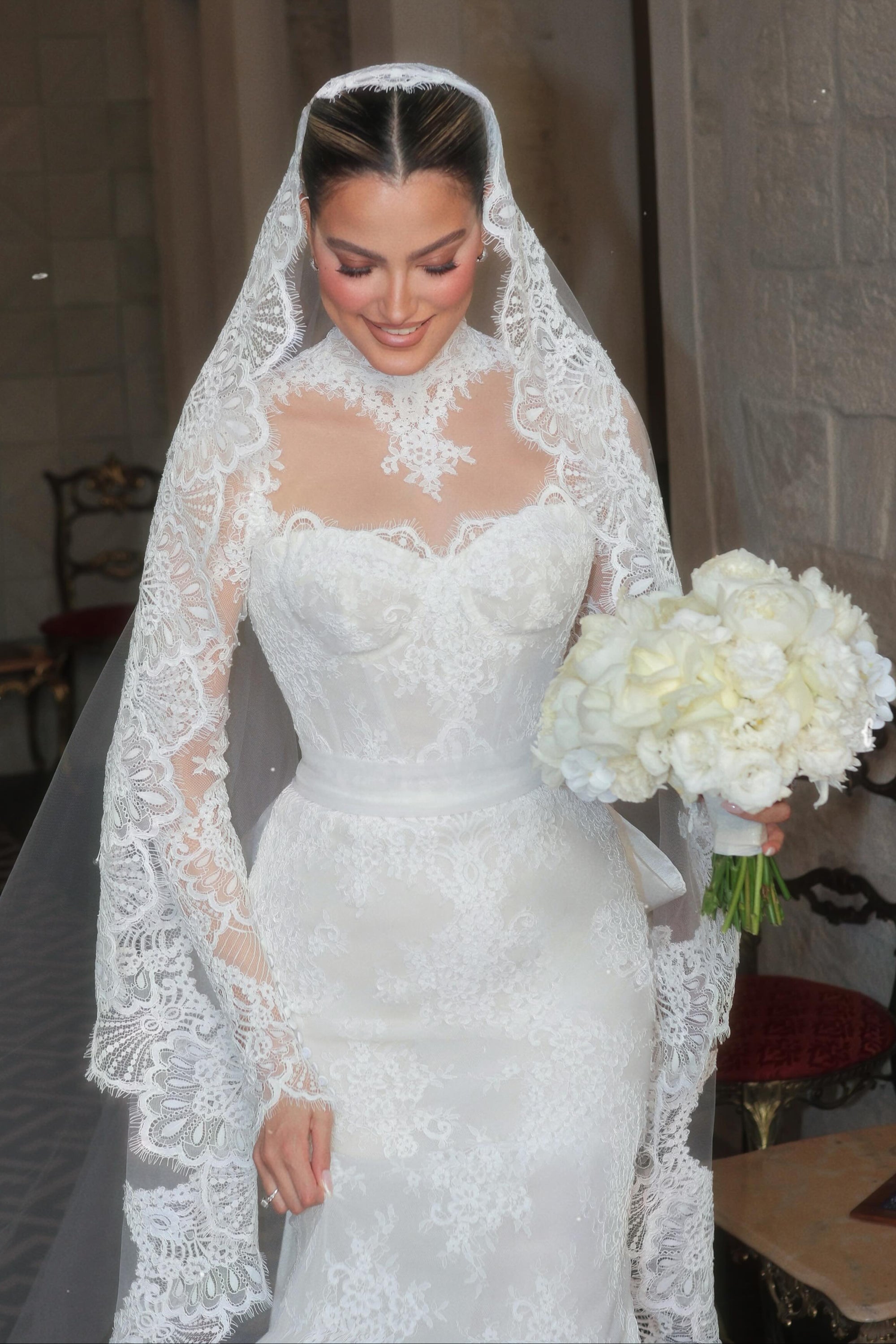 High Neck Illusion Lace Long Sleeve Bridal Gown
