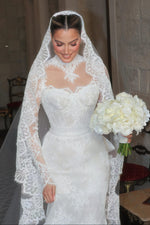 High Neck Illusion Lace Long Sleeve Bridal Gown