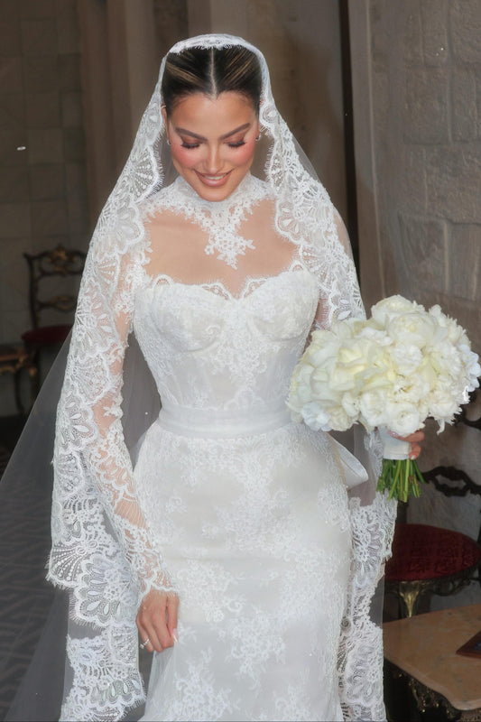 High Neck Illusion Lace Long Sleeve Bridal Gown