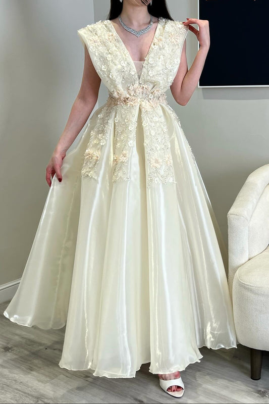 Floral Applique V-Neck A-Line Formal Gown