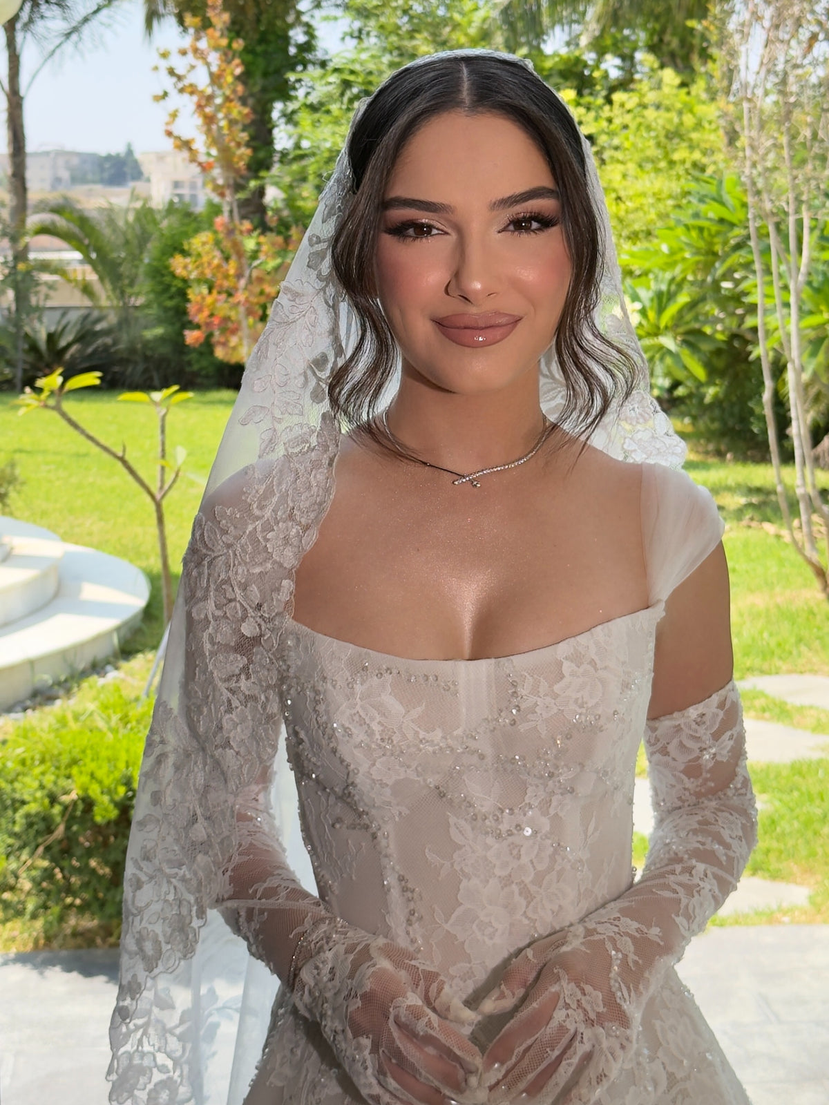 Square Neck Lace Corset Ball Gown Wedding Dress