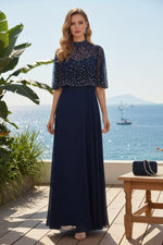 Beaded Capelet A-Line Evening Gown with High Neck