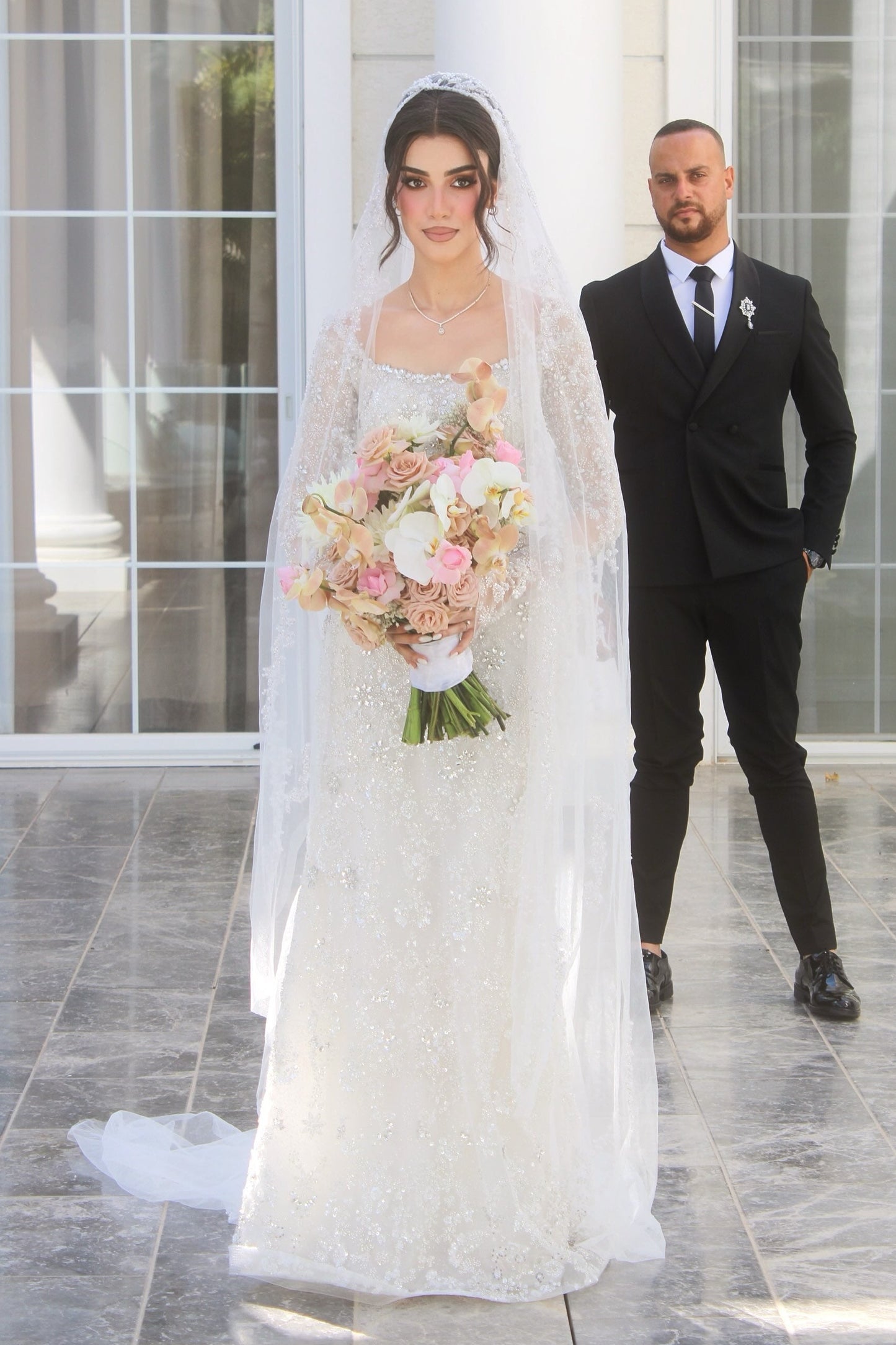 Beaded Lace Long Sleeve Wedding Gown with Square Neck