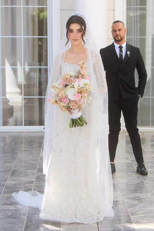 Beaded Lace Long Sleeve Wedding Gown with Square Neck