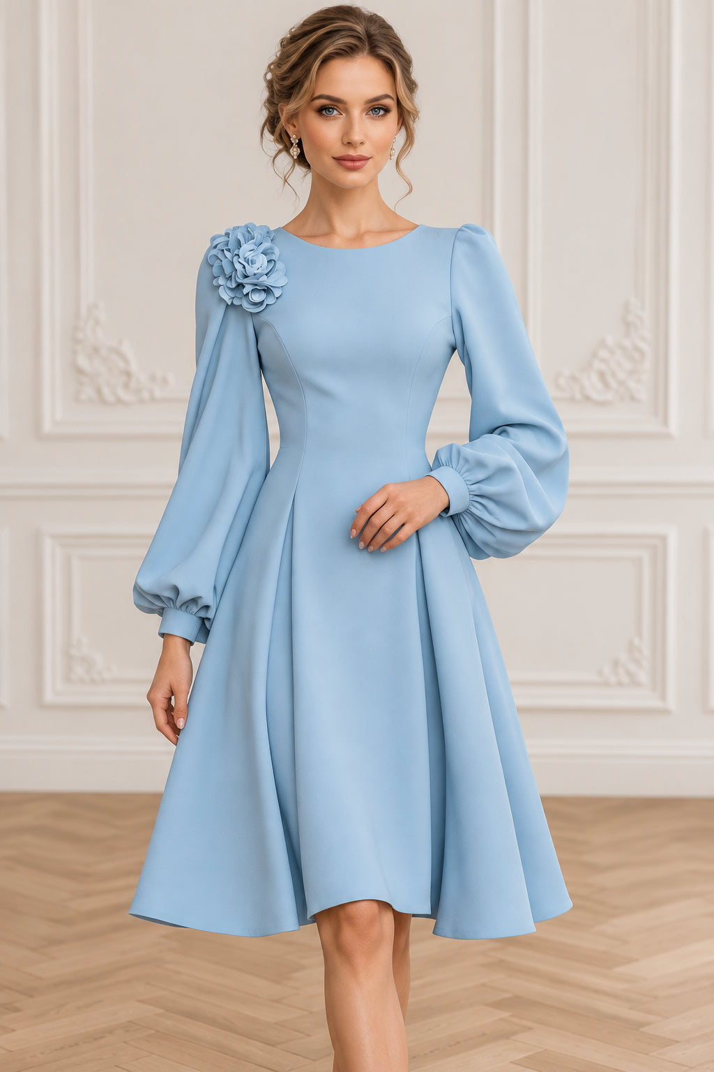 A-Line Knee-Length Dress with Bishop Sleeves