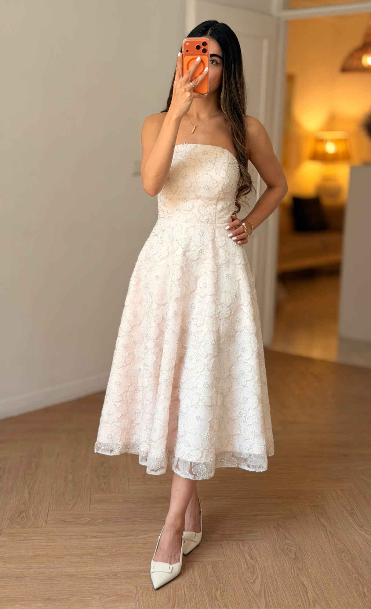 Strapless 3D Floral Applique Midi Dress