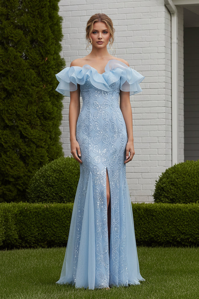Ruffled Off-the-Shoulder Sequin Mermaid Gown