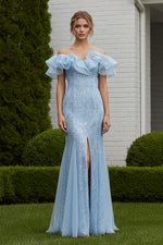 Ruffled Off-the-Shoulder Sequin Mermaid Gown