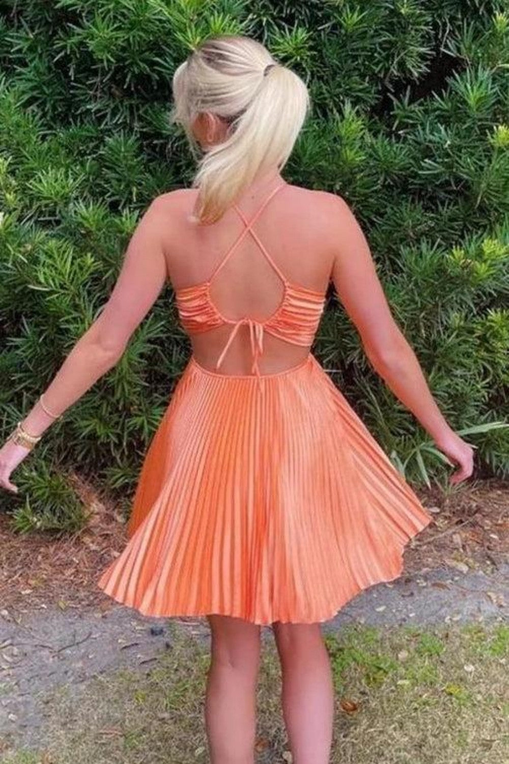 Pleated Cut-Out Mini Dress with Crisscross Back