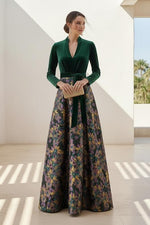 Long Sleeve Velvet and Floral Brocade A-Line Evening Gown