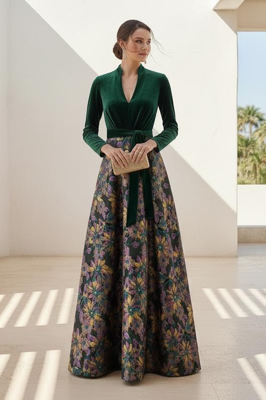 Long Sleeve Velvet and Floral Brocade A-Line Evening Gown