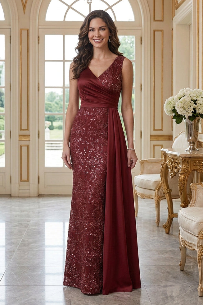 Sequin V-Neck Evening Gown with Side Cascade Drape