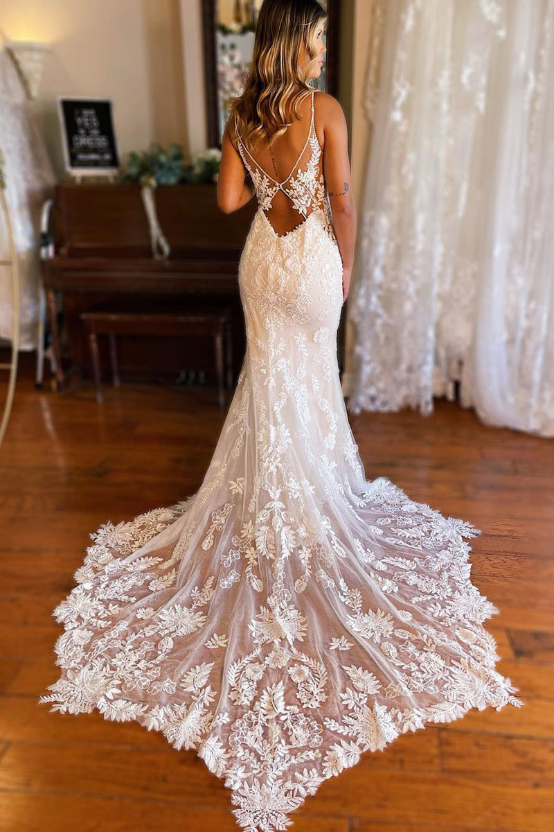 Boho Lace Mermaid Wedding Dress with Open Back