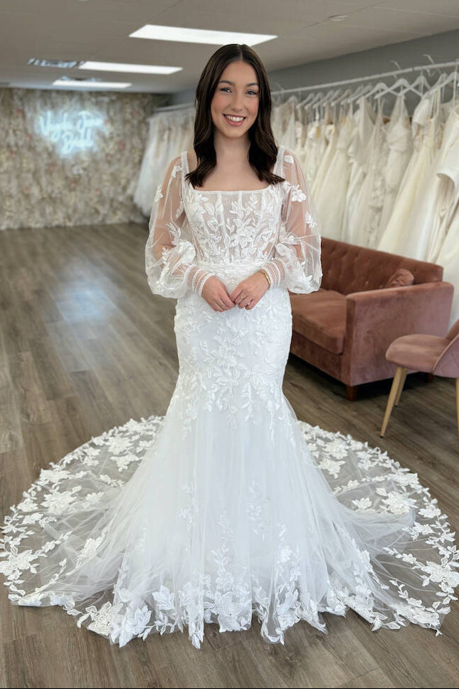 Lace Mermaid Wedding Dress with Sheer Bishop Sleeves