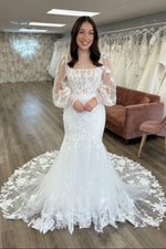 Lace Mermaid Wedding Dress with Sheer Bishop Sleeves