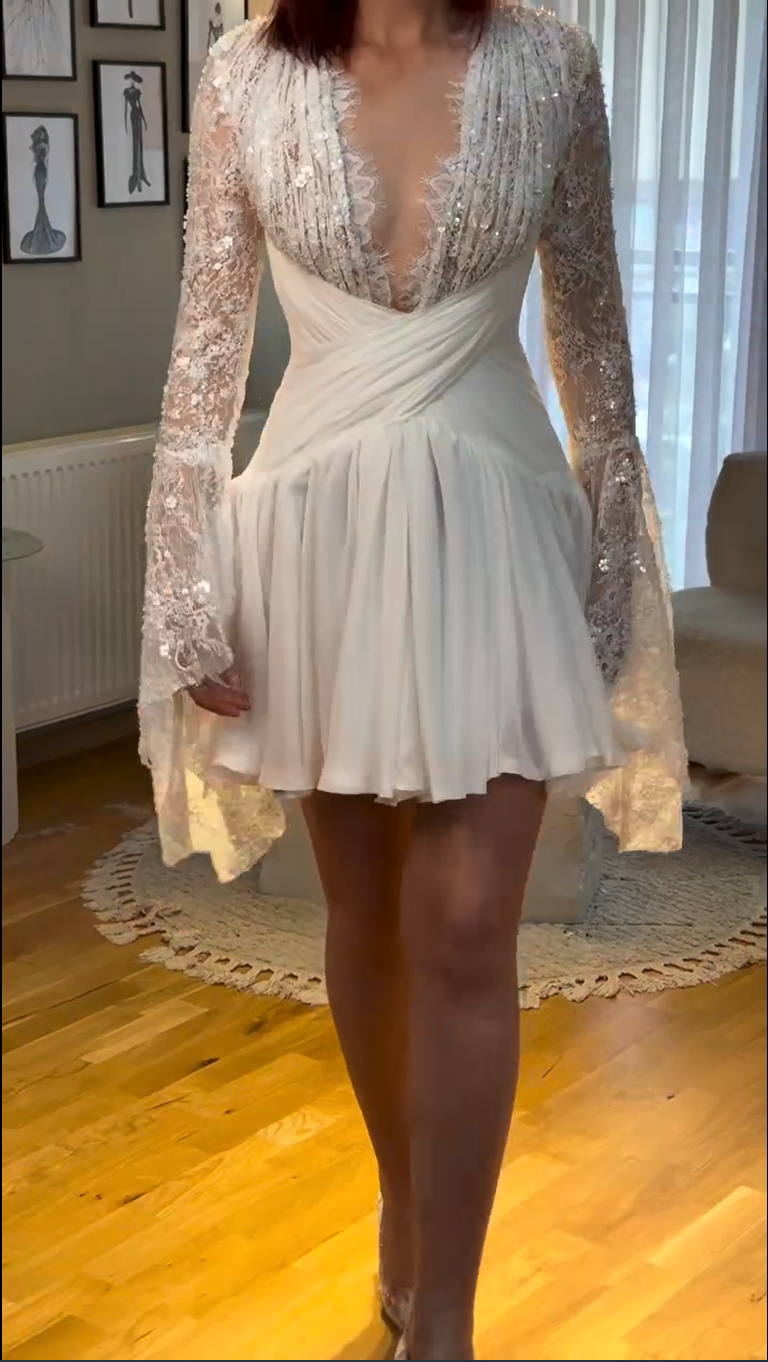 Sequined Lace Deep V Mini Dress with Flared Sleeves