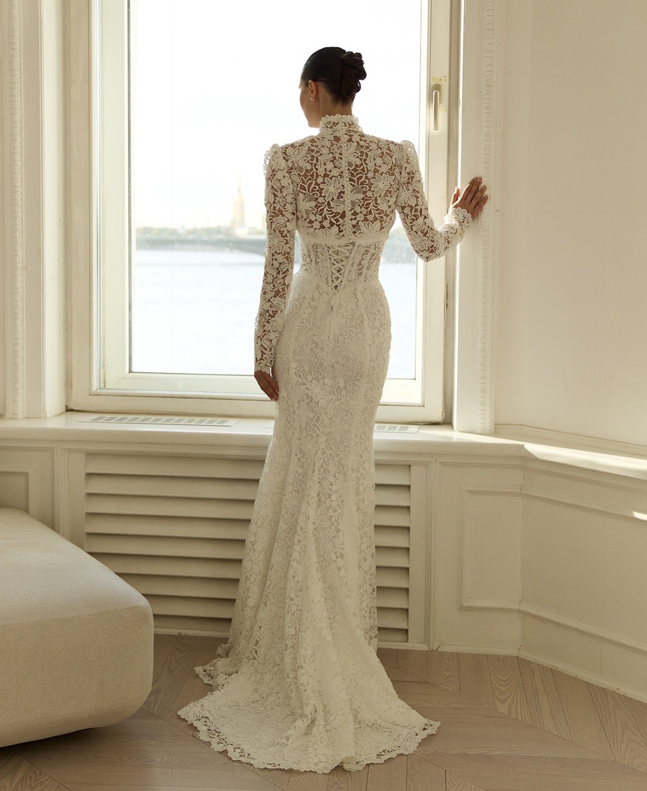 High Neck Lace Mermaid Wedding Dress with Corset Bodice